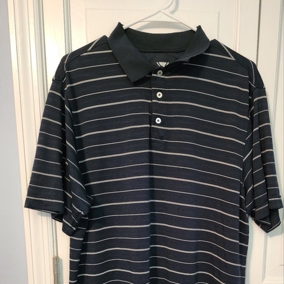 Navy Striped Pique Men's Collared Polo 3 top‎ buttons. Large - Picture 2 of 10